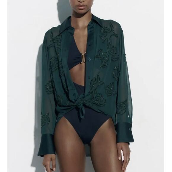 Zara Semi-Sheer Collared Button-Up Blouse Tonal Bead Applique Forest Green Small - Picture 9 of 14
